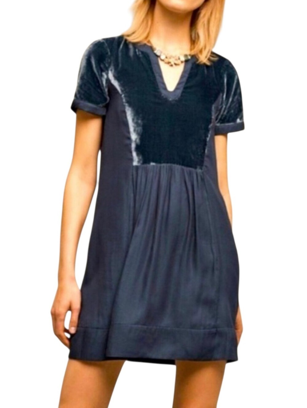 Maeve Anthropologie Ingrid Velour Dress Mixed Media Teal Small Swing Babydoll